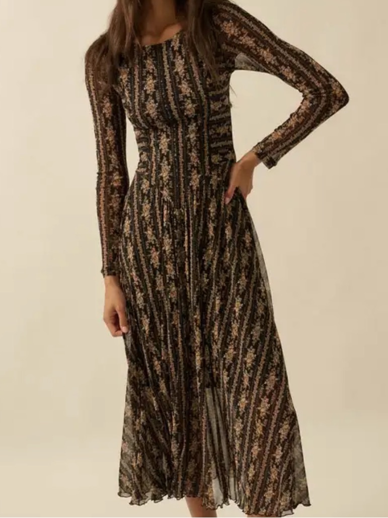 Long Sleeve Floral Midi Dress In Black And Brown